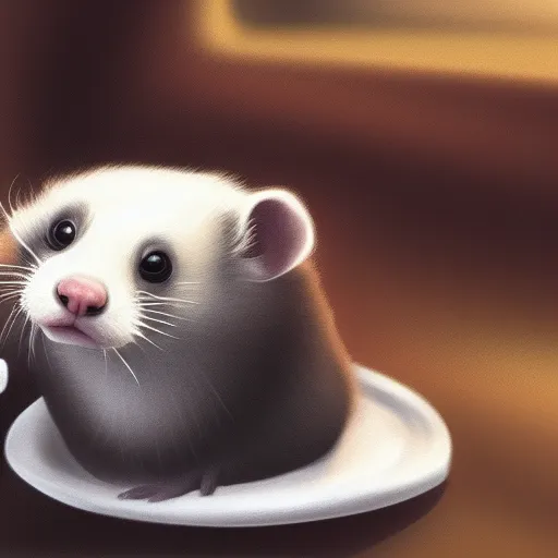 Prompt: A ferret chilling in a coffee shop sipping on his hot steaming coffee, hyperdetailed, artstation, cgsociety, 8k