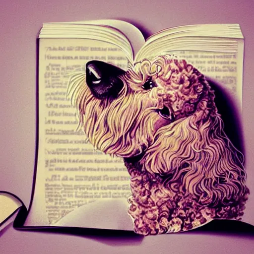 Image similar to “portrait of a poodle reading a book, artstation, high detailed”