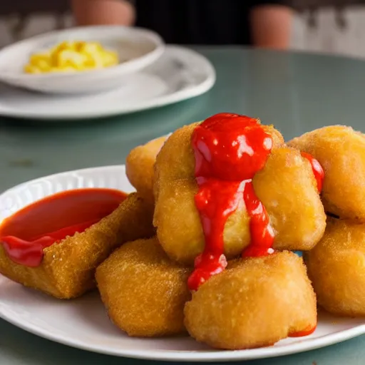 Prompt: food photo of channing tatum's face on top of giant tater tot on a plate with ketchup