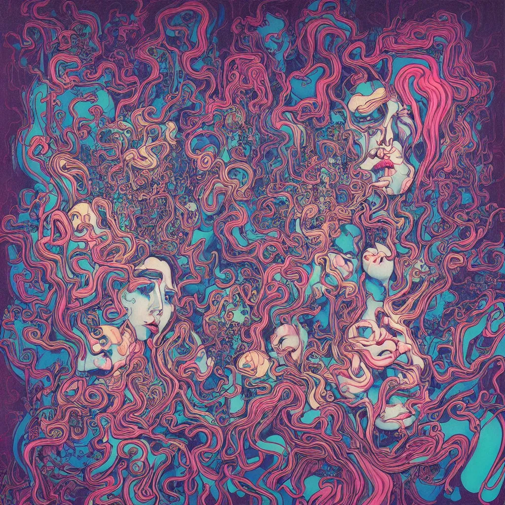 Prompt: acid faces in oil by james jean, photoillustration, mystical baroque, pastel synthwave