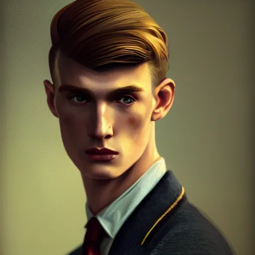 Image similar to A videogame portrait of a young Irish man with high cheekbones. Good bone structure. Dressed in 1940s style. (Blond). Highly detailed, fine Art, high detail, great lighting, 8k resolution, masterpiece, concept art, illustration, clear eyes, painting oil on canvas, octane render, HDR, trending on artstation, 4k, 8k, HD