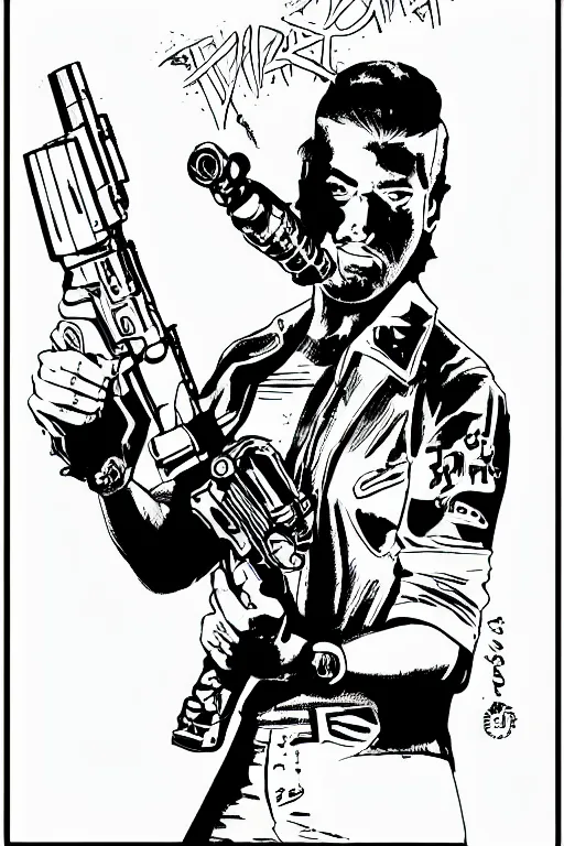 Image similar to billy mays holding a gun, a page from cyberpunk 2 0 2 0, style of paolo parente, style of mike jackson, adam smasher, johnny silverhand, 1 9 9 0 s comic book style, white background, ink drawing, black and white, colouring pages