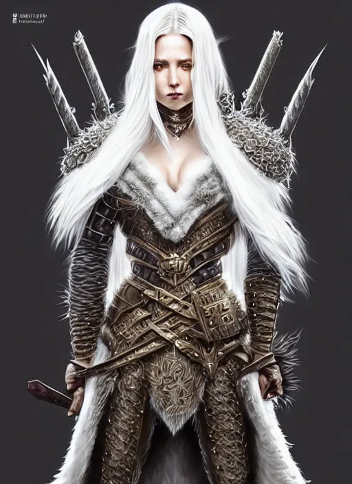 Image similar to fur coated armor!!! long wild white hair!! covered chest!!! fantasy, d & d, intricate ornate details, symmetry, concept art, sharp focus, illustration, art by artgerm! greg rutkowski magali villeneuve wlop! ilya kuvshinov!!, octane render, unreal engine 5, highly rendered!!