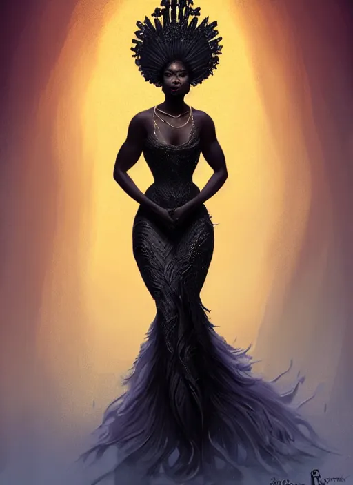 Image similar to full body portrait of beautiful black woman as the swan queen, glowing crown, beautiful flowy feathered gown, beautiful baroque lace detail, highly detailed, digital painting, artstation, concept art, smooth, sharp focus, illustration, face by wlop, illustrated by mars ravelo and greg rutkowski