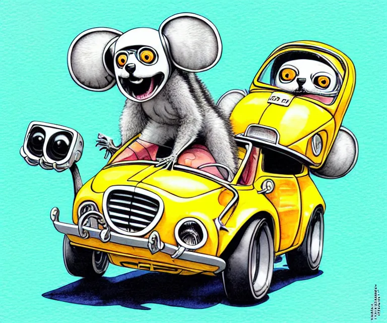 Image similar to cute and funny, lemur wearing a helmet riding in a tiny hot rod with oversized engine, ratfink style by ed roth, centered award winning watercolor pen illustration, isometric illustration by chihiro iwasaki, edited by range murata, tiny details by artgerm, symmetrically isometrically centered