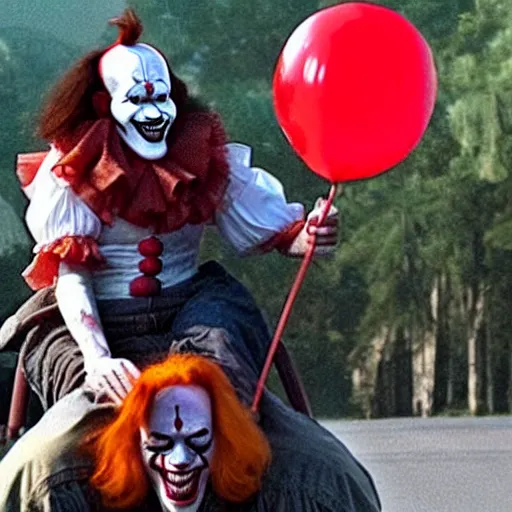 Prompt: pennywise the clown riding on danny trejo's back in a mystical void