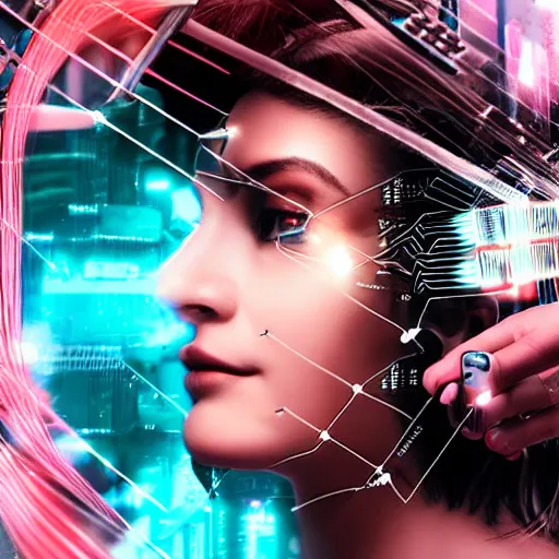 Image similar to a woman stealing a young woman's dreams from her head, cyberpunk, cybernetic implants, wires, cables,