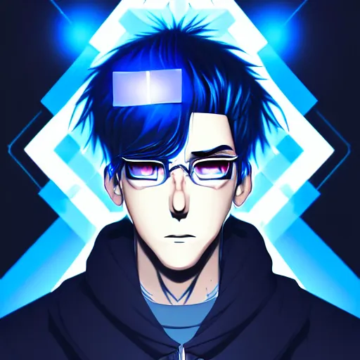 Image similar to a highly detailed portrait of a man with navy blue hair and blue glowing eyes, summoning blue transparent cubes, high detail clothing, concept art, anime, artstation, professional drawing