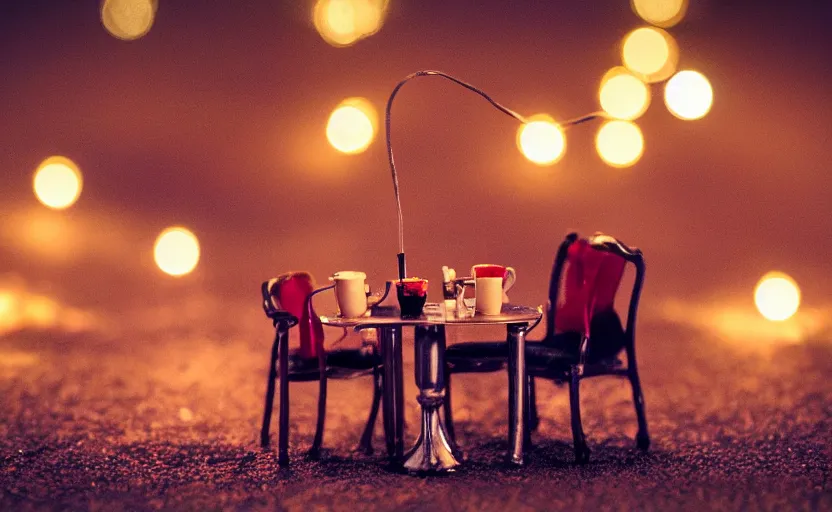 Image similar to mini cafe for mice diorama macro photography, ambient, atmospheric photograph, string lights, romantic