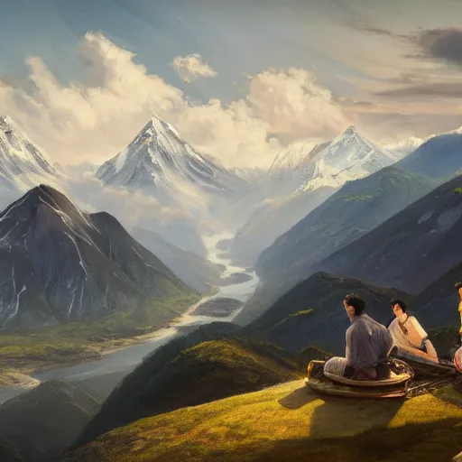 Image similar to a beautiful painting of a scene about a panorama of rivers and mountains, by victo nagi and yuumei and james jean, trending on artstation., ultrawide viewn and highly detailed matte painting - h 6 4 0 - w 1 2 8 0