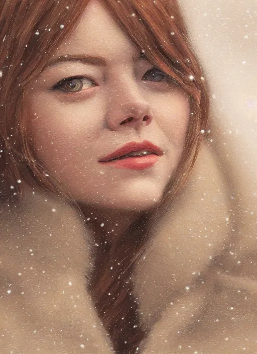 Prompt: emma stone in beige coat, close up portrait, winter new york, snow, artwork by gaston bussiere, craig mullins, trending on artstation