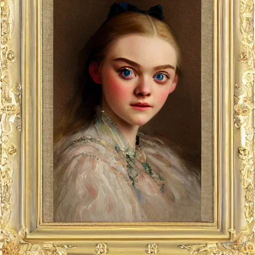 Image similar to professional painting of Elle Fanning in the style of Nikolay Makovsky, head and shoulders portrait, symmetrical facial features, smooth, sharp focus, illustration, intricate, stormy weather, extremely detailed masterpiece,