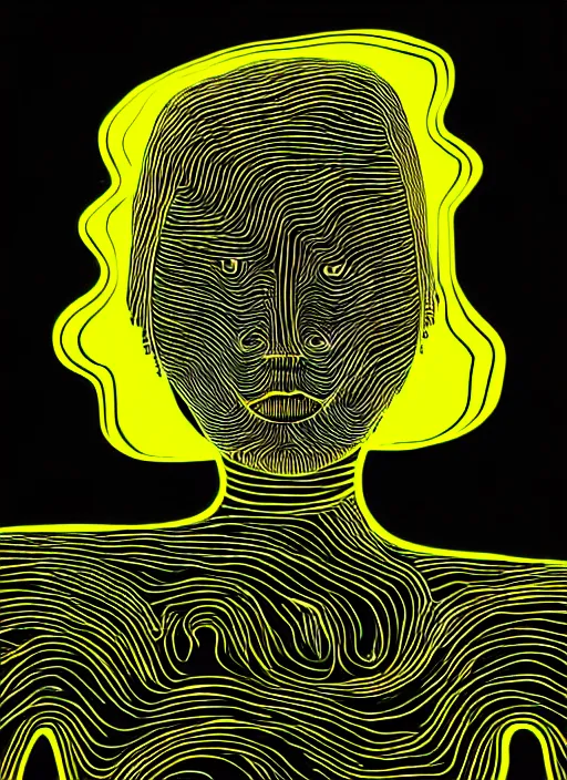 Prompt: highly detailed closeup portrait of wasteland long glowing yellow and white plasma hair tribal lady, stray electric spark wiring by jean jullien, 4 k resolution, gradient yellow, black and white color scheme!!! ( ( dystopian city background ) )