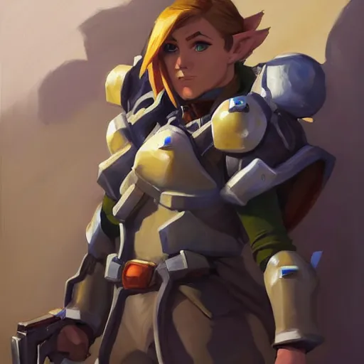 Image similar to greg manchess portrait painting of partially armored link as overwatch character, medium shot, asymmetrical, profile picture, organic painting, sunny day, matte painting, bold shapes, hard edges, street art, trending on artstation, by huang guangjian and gil elvgren and sachin teng