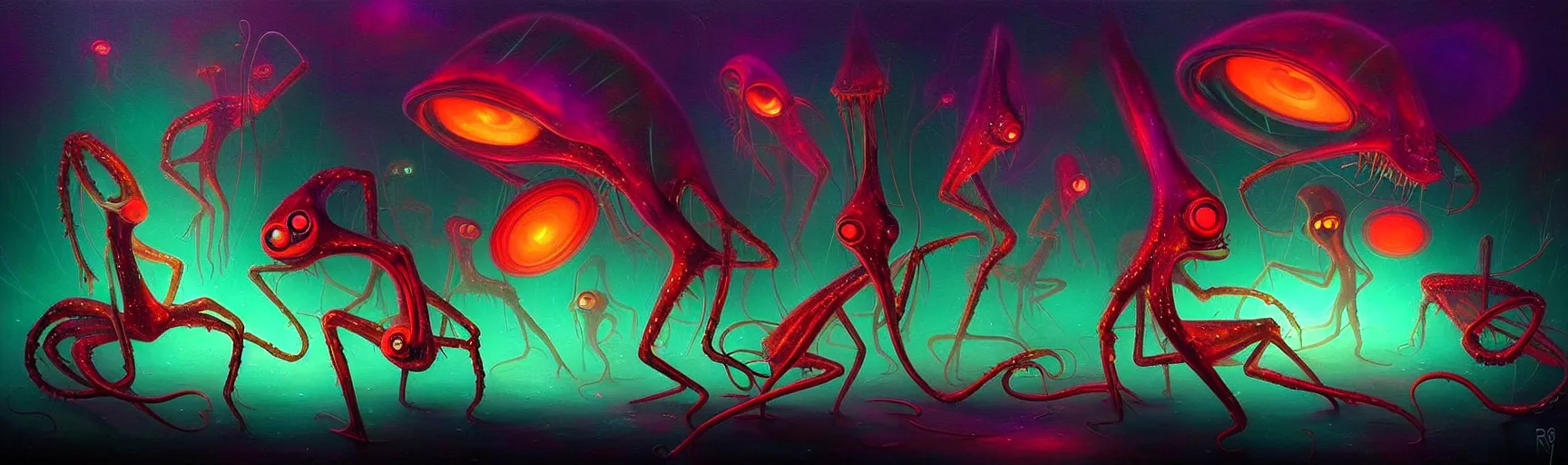 Image similar to strange alien plankton creatures from the depths of the collective unconscious, dramatic lighting, surreal darkly colorful painting by ronny khalil