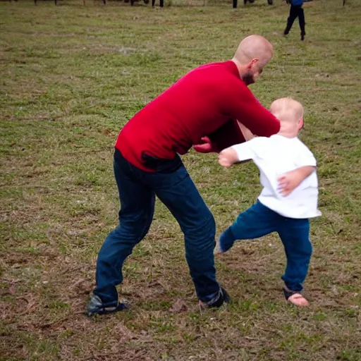 Prompt: man kicking a child