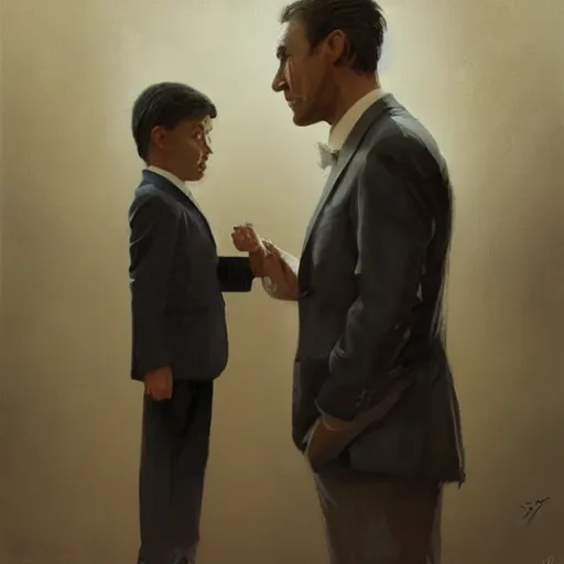 Image similar to oil painting of a man in a suit indifferent to an orphan boy who asks, by greg rutkowski, artstation