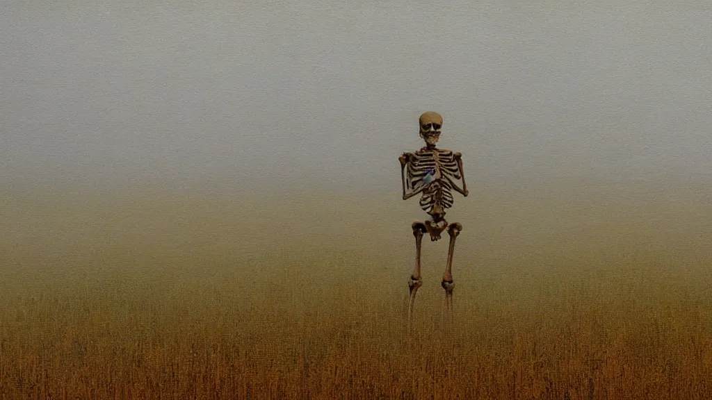 Prompt: a skeleton standing in a stomry, foggy wheat field in the style of impressionism, fine details