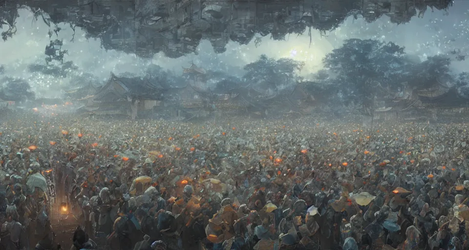 Image similar to craig mullins and ghibli digital art of zhongyuan festival in china ， lanterns in the sky, black night sky, stars, below is the crowd, rivers, villages ， unreal engine, hyper realism, realistic shading, cinematic composition, realistic render, octane render, detailed textures, photorealistic, wide shot