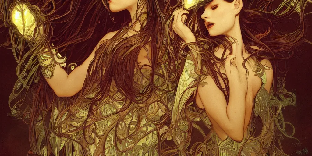 Image similar to scary plant vampires by artgerm, intense lighting, light beams, lens flare, intricate tendrils by alphonse mucha, elegant, nightmare, highly detailed, digital painting, artstation, concept art, smooth, sharp focus, illustration, art by serpentigena and alphonse mucha