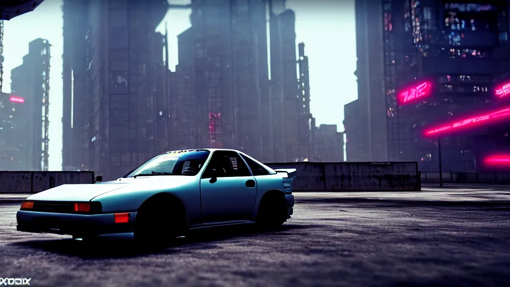 Prompt: modernized 240sx flying through a dystopian cyberpunk cityscape