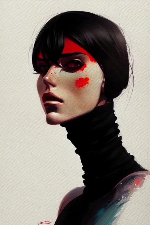 Image similar to a ultradetailed portrait painting of a stylish woman in a black turtleneck by conrad roset, greg rutkowski and makoto shinkai trending on artstation