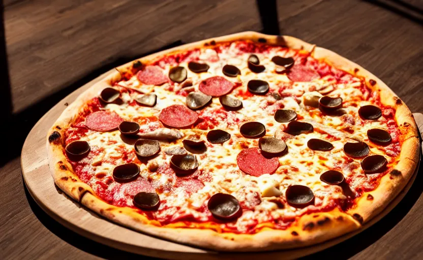 Prompt: a pizza, natural light, cinematic lighting, 8 k