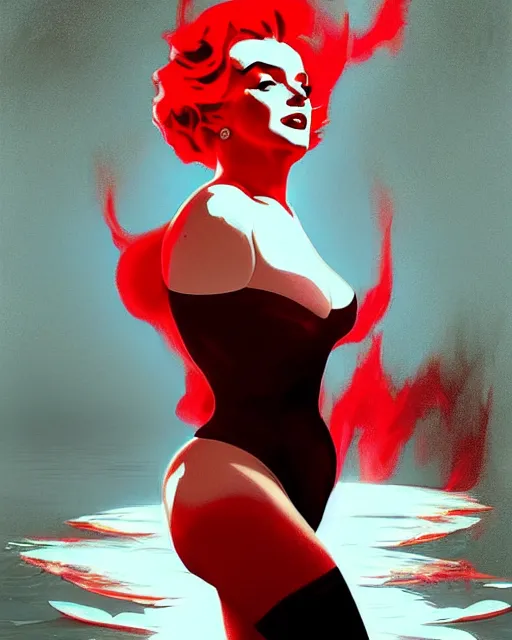 Prompt: marilyn monroe, lake, red, flames everywhere, highly detailed, digital painting, artstation, concept art, smooth, sharp focus, illustration, art by artgerm and greg rutkowski and alphonse mucha