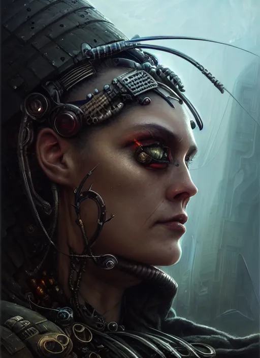 Image similar to closeup portrait shot of a cyberpunk warrior in a scenic dystopian environment, intricate, elegant, highly detailed, centered, digital painting, artstation, concept art, smooth, sharp focus, illustration, artgerm, tomasz alen kopera, peter mohrbacher, donato giancola, joseph christian leyendecker, wlop, boris vallejo