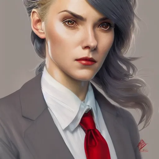 Prompt: a girl wearing a business suit, grey hair, red necktie, cinematic, stunning, highly detailed, digital painting, artstation, smooth, hard focus, illustration, art by artgerm and greg rutkowski and alphonse mucha