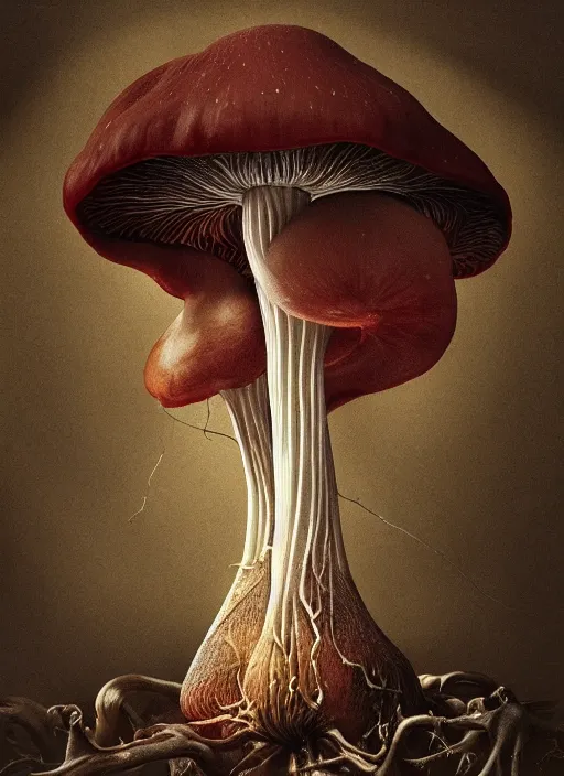 Image similar to portrait of a magic mushroom with translucent skin, visible muscles and veins and arteries and bones and spines and nerves, beautiful detailed intricate insanely detailed octane render, 8k artistic photography, photorealistic, chiaroscuro, by David Cronenberg, Raphael, Caravaggio