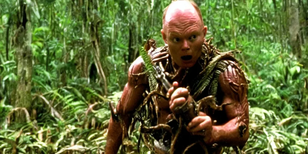 Prompt: a film still of Bill burr in Predator, high quality