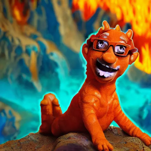 Prompt: close-up of Blippi sitting on a golden throne in a fiery hellish cave, oil painting, 8k, highly detailed, highly intricate,