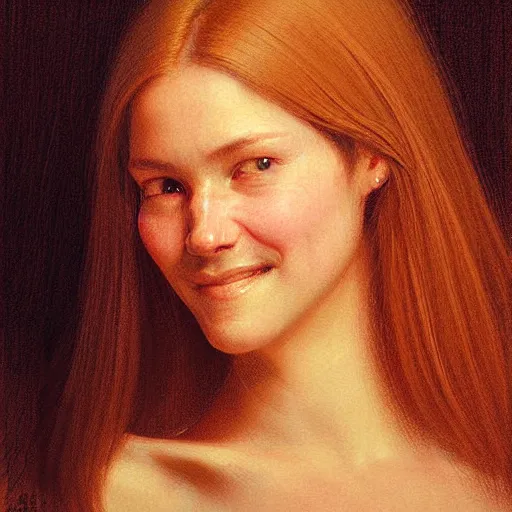 Image similar to Facial portrait of a cute shy woman, looking away from the camera, shy smile, mouth slightly open, lips slightly parted, long flowing hair, no hands visible, intricate, extremely detailed painting by Henry Justice Ford and by Greg Rutkowski and by Moebius, golden hour