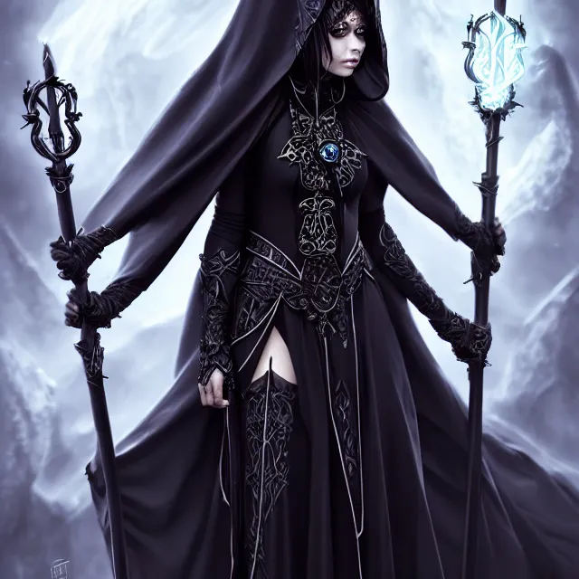 Image similar to beautiful elemental darkness witch with ornate black robes and staff, highly detailed, 4 k, hdr, smooth, sharp focus, high resolution, award - winning photo, artgerm, photorealistic