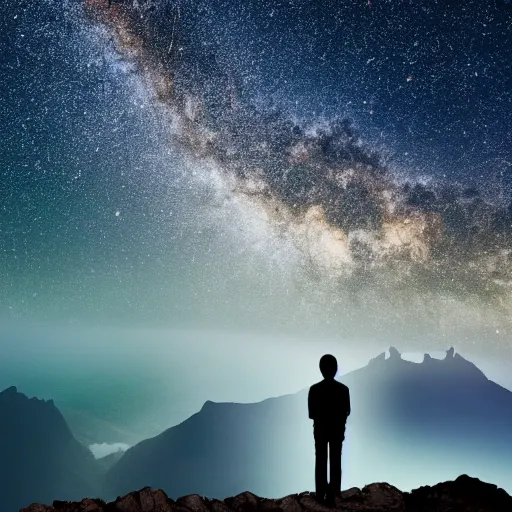 Image similar to 4K ultra HD detailed award-winning wallpaper of silhouette of man sitting on top of mountain cliff looking at huge vast sky storm Milky way