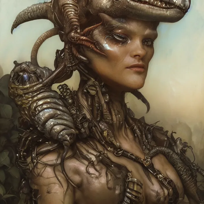 Prompt: a portrait photograph of a scaled tropical female alien. she wearing a tactical suit and has many body modifications. by tom bagshaw, donato giancola, hans holbein, walton ford, gaston bussiere, brian froud, peter mohrbacher and magali villeneuve. 8 k, fashion editorial, cgsociety