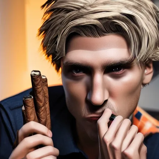 Image similar to a closeup photo of handsome gigachad xqc smoking a cigar, 8k photorealism, extremly detailed, trending on artstation