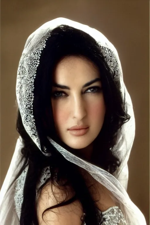Image similar to young arab Monica Bellucci, blue eyes, long wavy black hair, white veil, closeup, focus, colored, middle eastern