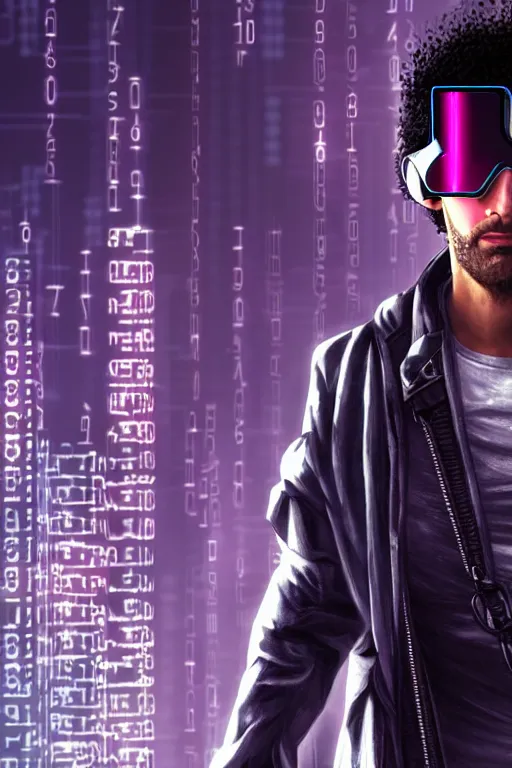 Image similar to santiago michel as a cyberpunk hacker