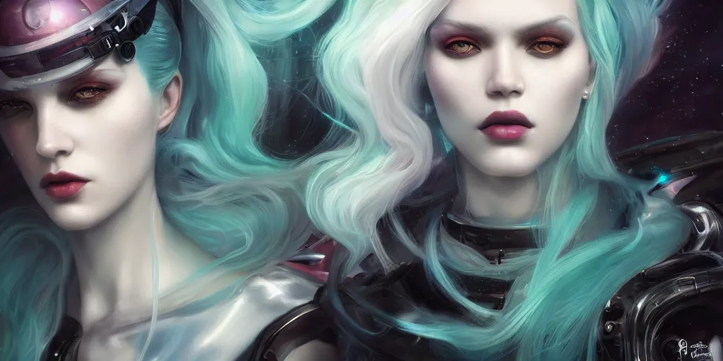 Image similar to a photorealistic seapunk portrait of a gorgeous cyborg with shadowy eyes and bonewhite hair, with black glossy lips, hyperrealistic, masterpiece, award - winning, 8 k, in the style of nekro, tom bagshaw, cedric peyravernay, peter mohrbacher