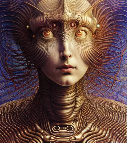 Image similar to detailed realistic beautiful young cher alien robot as queen of mandelbulb 3 d portrait by jean delville, gustave dore and marco mazzoni, art nouveau, symbolist, visionary, baroque. horizontal symmetry by zdzisław beksinski, iris van herpen, raymond swanland and alphonse mucha. highly detailed, hyper - real, beautiful