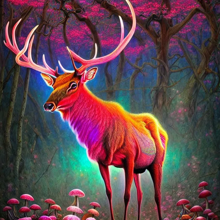 Image similar to extremely psychedelic elk made of orchid and cherry blossom tree and mushroom, LSD, diffuse lighting, fantasy, intricate, elegant, highly detailed, lifelike, photorealistic, digital painting, artstation, illustration, concept art, smooth, sharp focus, art by John Collier and Albert Aublet and Krenz Cushart and Artem Demura and Alphonse Mucha