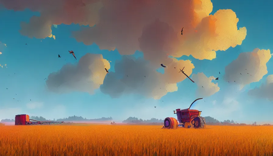 Image similar to colourful sky, wheat field, harvesters, big trees, matte painting, art station, digital art, simon stalenhag