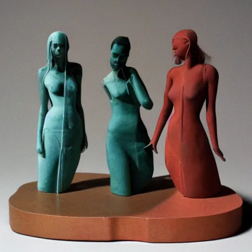Image similar to Polaroid fragmented sculpture of three idealized female in different directions