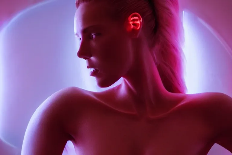 Prompt: VFX movie of a futuristic cyborg space woman model gorgeous portrait in future spaceship, beautiful natural skin neon lighting by Emmanuel Lubezki