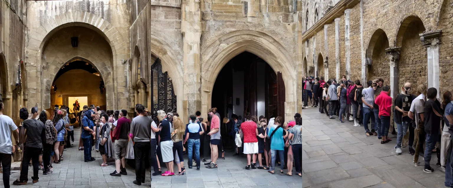 Prompt: people lining up to enter a club in a cloister, very wide shot