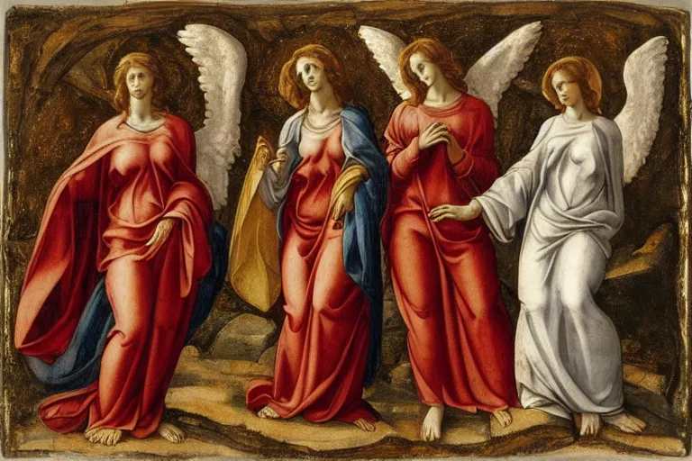 Prompt: the three marys at the sepulchre, two angels standing, michelangelo, giovanni battista gaulli