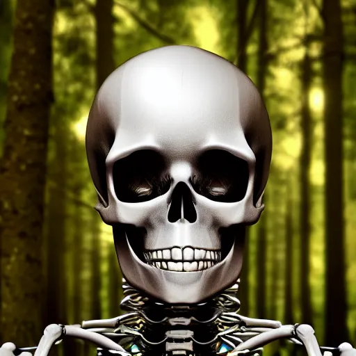 Prompt: very detailed portrait 55mm photo of a mechanical skeleton with crystal innards and optic fiber nerves, gears in his head and cybernetic enhancements in it's skull. In the forest with bokeh. Ray tracing and tessellation. Very sharp high detailed 8k image