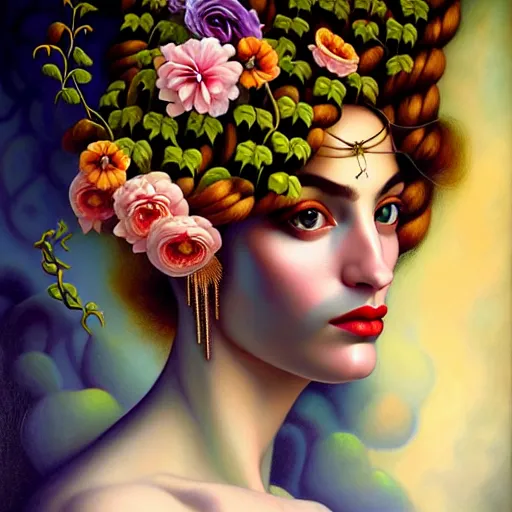 Image similar to dynamic composition, a painting of woman with hair of ( summer flowers )!! and vines wearing ornate earrings, ornate gilded details, a surrealist painting by tom bagshaw and jacek yerga and tamara de lempicka and jesse king, featured on cgsociety, pop surrealism, surrealist, dramatic lighting, wiccan, pre - raphaelite